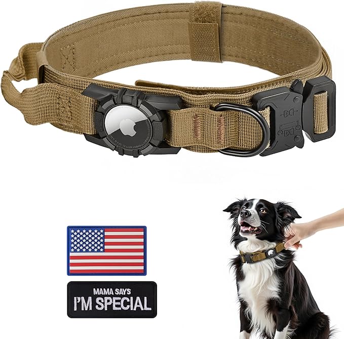 Tactical AirTag Dog Collar - Heavy Duty, Adjustable GPS Collar Compatible with Apple AirTag, with Holder & Control Handle for Medium/Large Dogs [ Brown, L ]