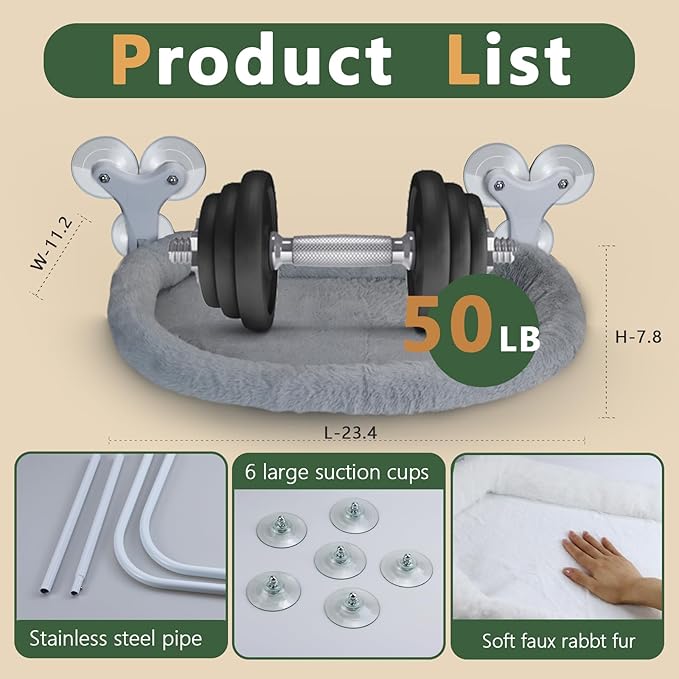 Cat Window Perch with 6 Strong Suction Cups,Mats That can be Switched Between Winter and Summer,Foldable Cordless Cat Beds Can Bear 50LBS Weight (Grey)