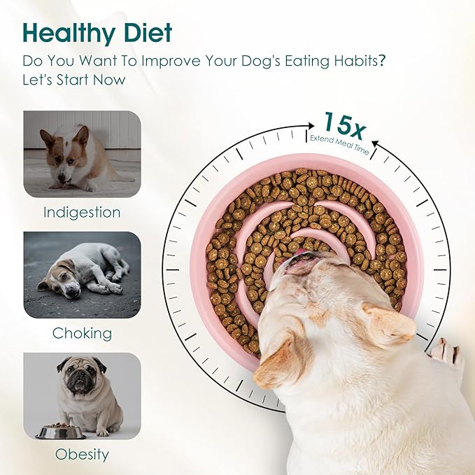 vancasso Slow Feeder Dog Bowl, 0.6 Cups Ceramic Dog Food Dish for Fast Eaters Small Breed, Puzzle Bowl for Small Dogs and Cats, Pink