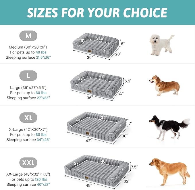 Faux Fur Orthopedic Dog Bed, Extra Large Dog Bed, Supportive Foam Pet Sofa with Waterproof Lining Cover, Washable U-Shaped Pet Couch with Anti-Slip Bottom Design, Grey XXL 48x32x8 inch