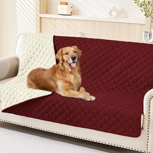 Smiry Waterproof Dog Bed Cover Pet Blanket, Soft Washable Dog Blanket for Furniture Bed Couch Sofa Reversible, Checkered (68"x82", Wine Red/Beige)
