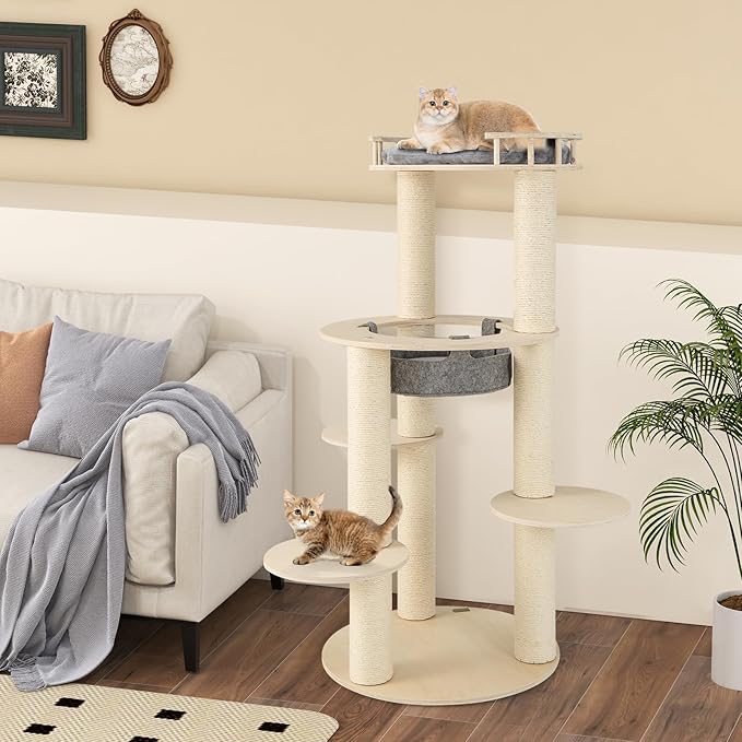 PETSITE 59 Inches Modern Cat Tree, Multi-Level Wood Cat Tower with Sisal Scratching Posts, Cozy Hammock, Comfy Top Perch, and 3 Jumping Platforms, Ideal for Indoor Cats Kittens