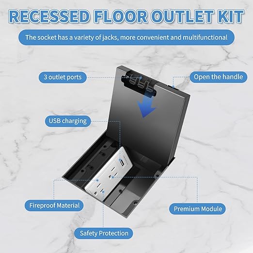 Vagueior Recessed Floor Electrical Outlet Kit,Flat Hidden Socket Kit,Hidden Duplex 15A Tamper-Resistant Receptacle Outlet and 2.1A USB Port，Waterproof Electrical Outlet Covcer Box,Black