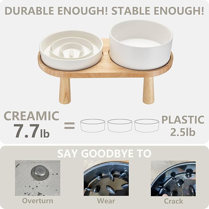 Ceramic Slow Feeder and Water Bowl Set for Medium and Large Dogs, 8.0inch Ceramic Dog Bowls Elevated with Wooden Stand, 2.0 Cups Dog Slow Feeder(30oz) and 70oz Water Bowl Set, White