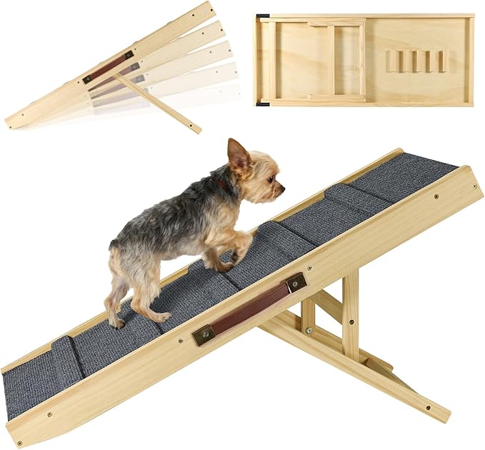Upgraded Dog Ramp for Couch, Foldable Small Dog Pet Ramp for Low Bed, 5 Adjustable Height from 12'' to 20" Dog Stairs with Non-Slip Pad, 13.8" Wide Wooden Pet Steps for Dogs to Get on Bed Couch Car