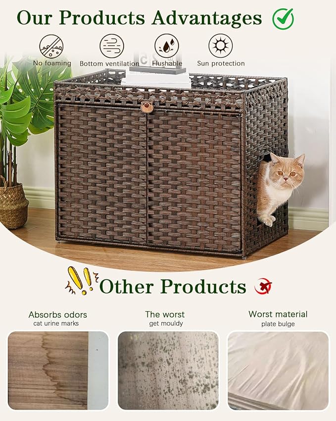 Cat Litter Box Enclosure Furniture, Handwoven Rattan Hidden Litter Box with Mat, Large Space Cat House with 2 S-Shaped Hooks, 30.3 x 18.3 x 24.4 Inches, Indoor for Living Room Apartment Brown