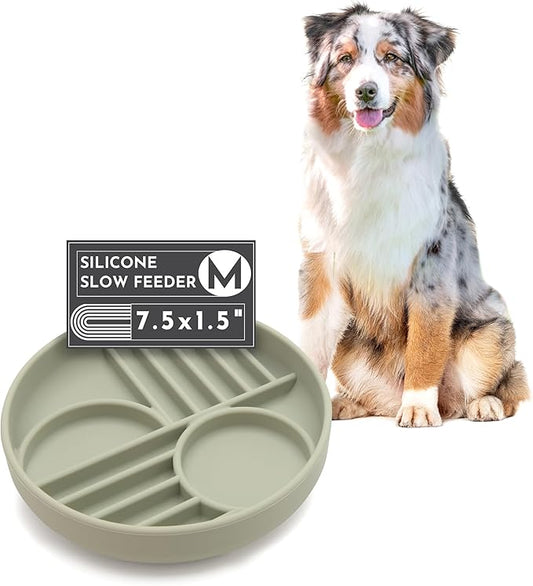 Should We Go? Slow Feeder for Dogs & Puppies, The Slowdown Bowl Silicone Slow Eating, Modern Lick Mat Design, Reduces Gulping, Fits 2 Cups, 7.5” Across x 1.5” Tall, Mealtime Challenge, Medium-Sage