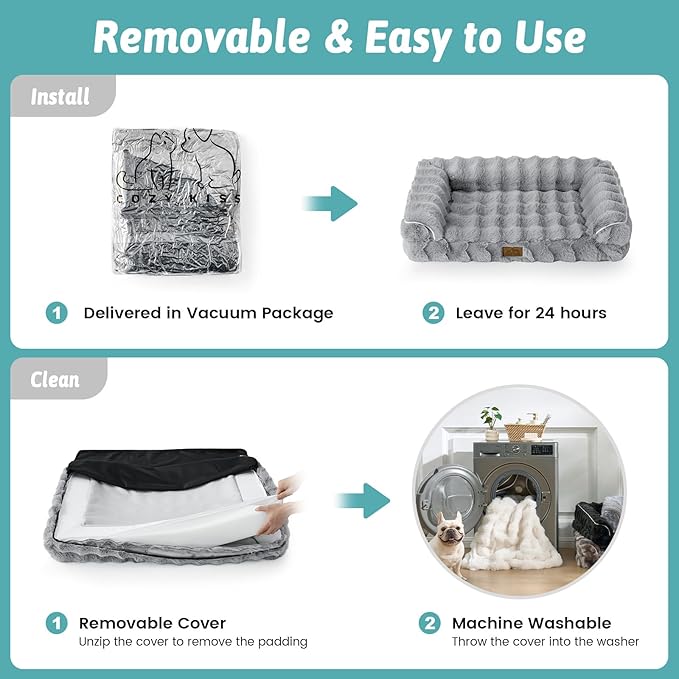 Faux Rabbit Fur Orthopedic Dog Bed, Dog Bed for Large Size, Supportive Foam Pet Sofa with Waterproof Lining Cover, Washable U-Shaped Pet Couch with Anti-Slip Bottom, Grey L 36x27x6.5 inch