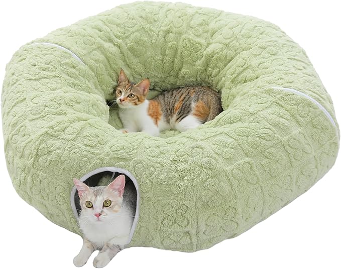 PEQULTI Cat Tunnel with Bed for Indoor Cats, Cat Play Donut Tunnel with Washable Soft Plush Mat, Round Tube Toys Cute Tube for Kittens, Puppies, Rabbits and Ferrets, Green