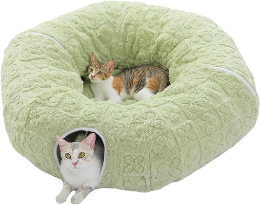 PEQULTI Cat Tunnel with Bed for Indoor Cats, Cat Play Donut Tunnel with Washable Soft Plush Mat, Round Tube Toys Cute Tube for Kittens, Puppies, Rabbits and Ferrets, Green