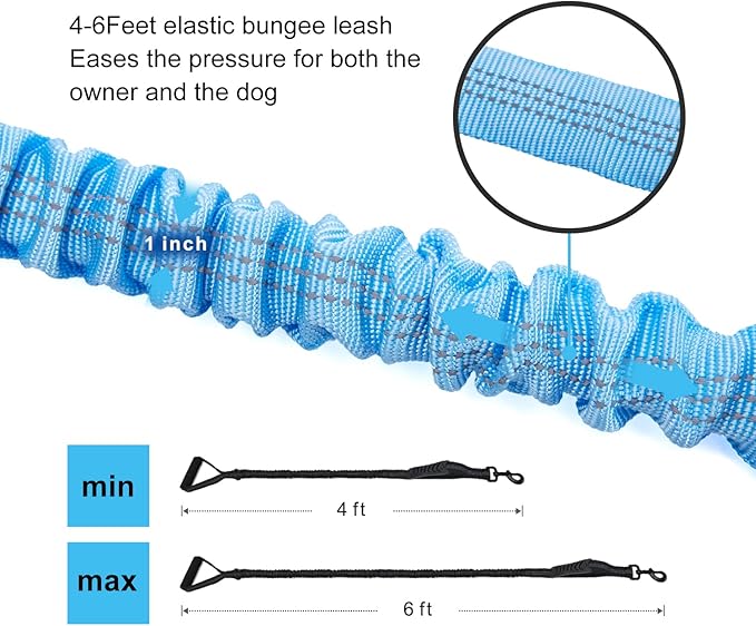 6FT Highly Reflective Heavy Duty Elastic Bungee Medium and Large Dog Leash Shock Absorbing with Comfortable Padded Handle and Traffic Handle Suitable for Training Light Blue