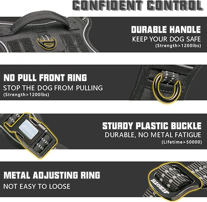 Auroth Tactical Dog Harness for Small Medium Dogs No Pull Adjustable Pet Harness Reflective K9 Working Training Easy Control Pet Vest Military Service Dog Harnesses Black S