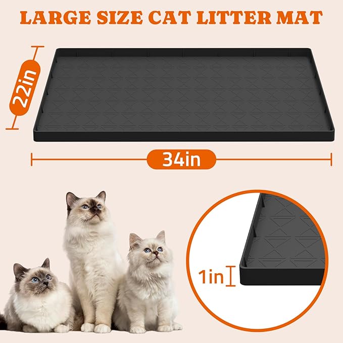 Cat Litter Mat, Large 34" x 22" Litter Box Mat, 2 Packs Cat Litter Box Mat, Non-Slip Kitty Litter Mat for Floor, Easy to Clean, Waterproof & Urine-Proof Cat Litter Mat Litter Trapping Mat, Black