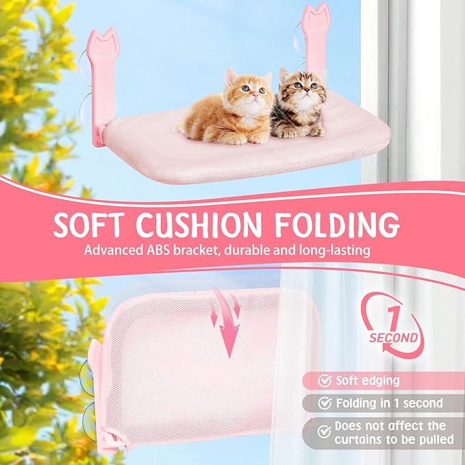 2 Pack Cat Window Perch,Cat Window Hammock Cordless Foldable Window Bed with 4 Large Strong Suction Cup,Reversible Cushion Cover,Metal Frame Easy to Adjust Window Seat Holds up to 40lbs(Pink，M)