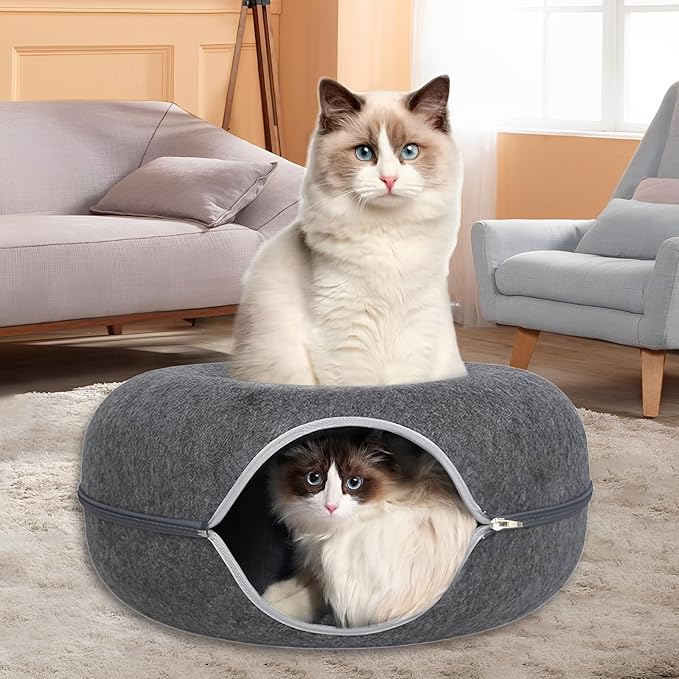 24inch-Tunnel Bed for Indoor,cattasaurus Peekaboo cat cave for Multiple,Detachable Felt Felt Washable Interior for Indoor Cats,Donut Tunnel (Dark Grey)