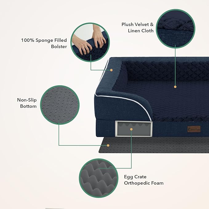 Orthopedic Dog Beds for Extra Large Sized Dogs, Waterproof Memory Foam XL Pet Bed with Sides 48x30Inch, Non-Slip and Egg-Crate Foam Big Dog Couch Bed with Removable Washable Cover, Navy Blue