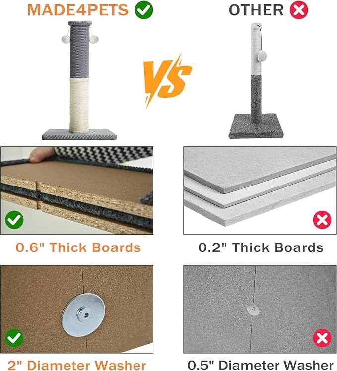 Made4Pets Tall Cat Scratching Post, Heavy Duty and Thicker Scratching Posts for Indoor Cats Adults, 33" Natural Sisal Cat Scratcher with Hanging Balls, Sturdy Base Cat Scratch Post, Light Grey