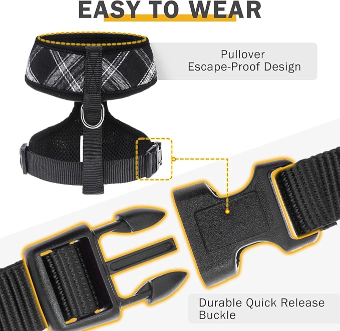 SCENEREAL No Pull Dog Harness Collar and Leash Set Small Medium Sized Dog, Soft Mesh Step in Puppy Harnesses, No Chock Plaid Adjustable Pet Vest for Outdoor Walking Training and Running, Black S