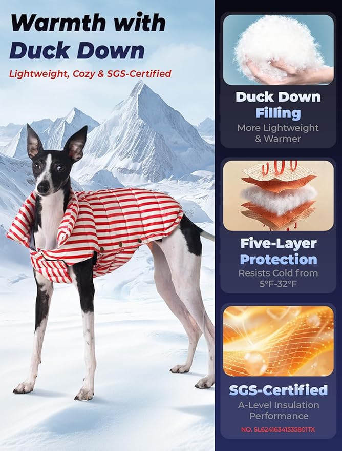 SPACE LION Dog Puffer Jacket, Down Winter Coat, Durable Outdoor Coat for Cold and Windy Conditions, Lightweight & Adjustable Fit Coats for Medium Dogs, (RedStripe, Size 14 Gift Box)