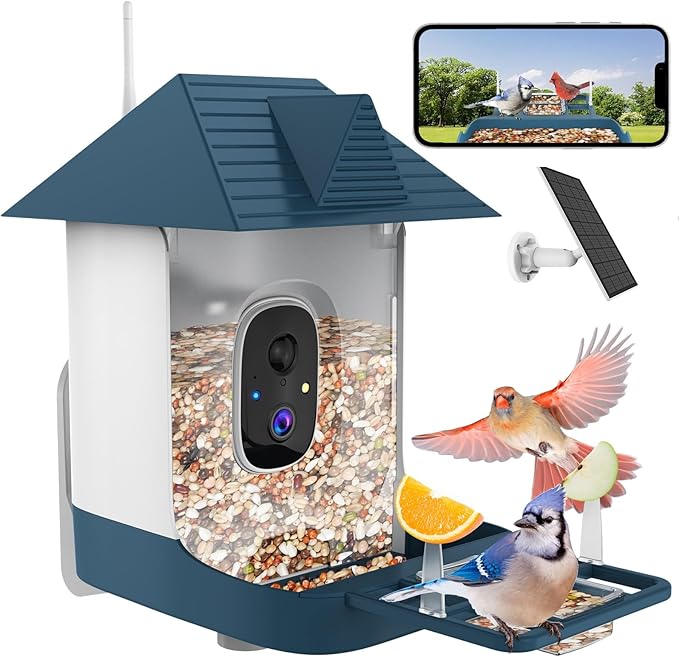 Bird Feeder with Camera,WiFi Outdoor Smart Bird Feeder Camera with Built-in AI Birds Recognition,Solar Powered,Auto Record Video by Cloud Storage,FHD Birds House with Cam,Ideal Gift for Dad and Mom