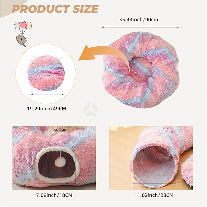 Under Christmas Tree Large Cat Tunnels Bed Tube for Indoor Cats Glows in The Dark Cat Tunnel with Cushion and Plush Ball Toy Longer Playground Toys for Dog Puppy Kitten Rabbit Pet Rainbow