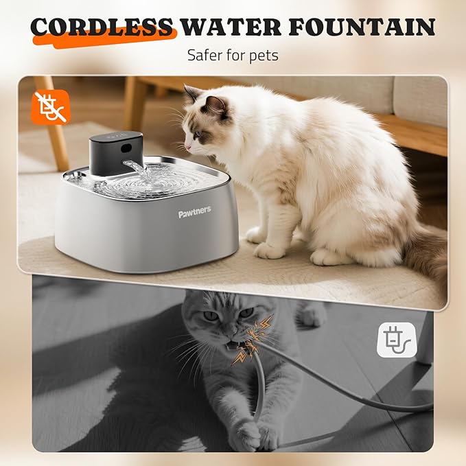 Cat Water Fountain Stainless Steel, Automatic Cordless Cats and Dogs Water Dispenser 108oz/3.2L, Battery Operated Pumpless Pet Fountain with Smart Indicator & 150° Wide-Angle Motion Sensor