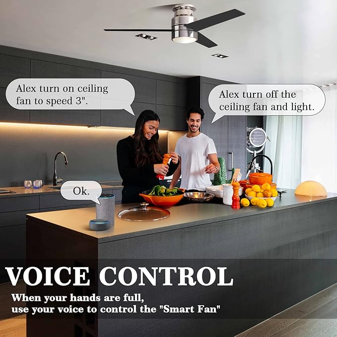 52 Inch 3-Blade Silver Low Profile Ceiling Fan with Led APP Control, Alexa/Google Assistant Control |Needs Ground/Live/Neutral Wire, No Remote,No Hub Required|Reversible|Schedule&Timer|