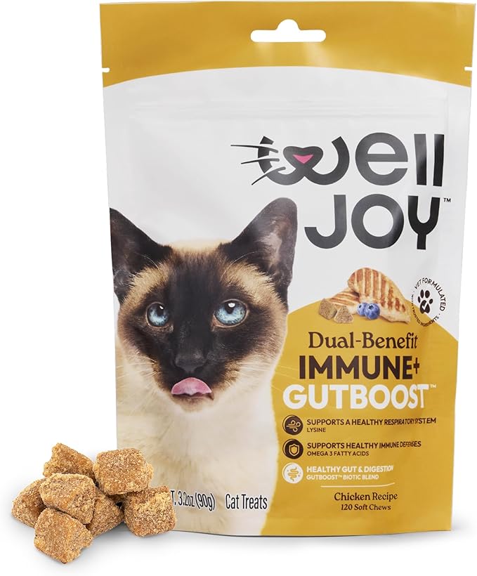WellJoy Cat Treat Immune+ GutBoost | Supports a Healthy Respiratory System & Immune Defenses | Dual-Benefit GutBoost Formulation | Vet Formulated | Made in USA | Real Chicken | 120 Soft Chews