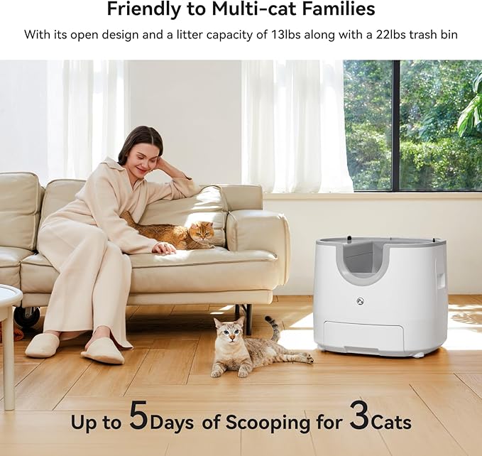 F8 Self-Cleaning Cat Litter Box – Large Capacity, Open-Top Design for Multi-Cat Homes, Enhanced Safety Features Includes Trash Bags