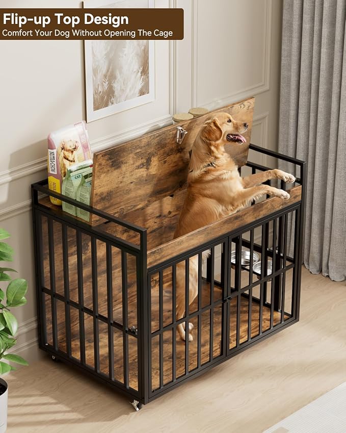 43 Inch Dog Crate Furniture, Heavy Duty Dog Kennel with 3 Doors, 2 Adjustable Bowls and Lockable Wheels, Wooden Dog House for Large Dogs, End Table Dog Cage, Rustic Brown