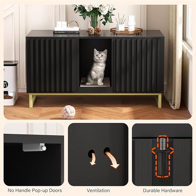 Double Litter Box Enclosure,Modern Cat Litter Box Enclosure for 2 Cats, Hidden Litter Box with Cat Scratch Pad, Cat Washroom Cat House End Table, Entryway Bench for Livingroom (Black)