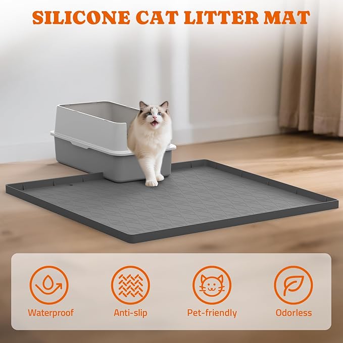 Cat Litter Mat, Large 34" x 22" Litter Box Mat, 2 Packs Cat Litter Box Mat, Non-Slip Kitty Litter Mat for Floor, Easy to Clean, Waterproof & Urine-Proof Cat Litter Mat Litter Trapping Mat, Gray