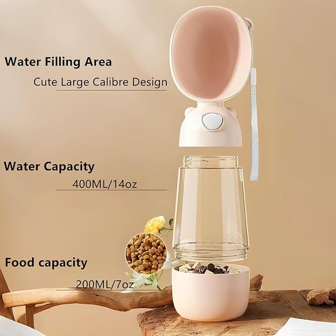 2 in 1 Dog Water Bottle with Food Container, Portable Dogs Water Dispenser, Outdoor Drink Bottles for Puppy, Cat, Pet, Essential Items for Travel, Walking, Hiking, Pet Accessories (Blush Beige)