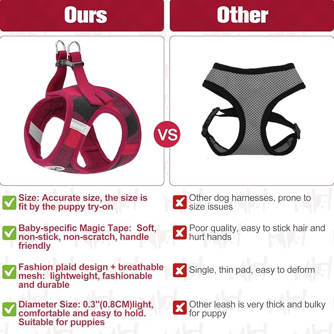 BEAUTYZOO Small Dog Harness and Leash Set,Step in No Choke No Pull Soft Mesh Dog Harnesses Reflective for Extra-Small Medium Puppy Dogs and Cats, Plaid Dog Vest Harness for XS S Pets, Red, XS