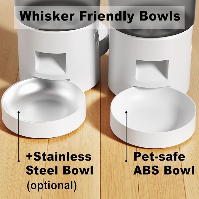 Automatic Dual Cats Feeder 2 Cats,Dual Power,Flexible Schedule Timer,6 Meals 12 Portions Per Day (Clear White, ABS Double Bowls)