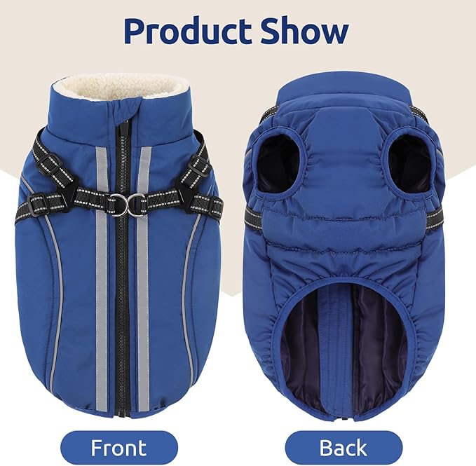 Dog Winter Coat with Harness Built in Warm Puffer Dog Jackets for Small Medium Large Dogs Windproof Waterproof Outfit with Plush Lining and Reflective Stripes (Blue, XL)