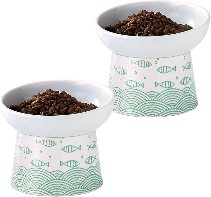 OMAYKEY Ceramic Raised Cat Bowls, Elevated Tilted Cat Food and Water Bowl Set, Porcelain Stress Free Pet Feeder Dish for Cats and Small Dogs, Dishwasher and Microwave Safe, Green, Set of 2