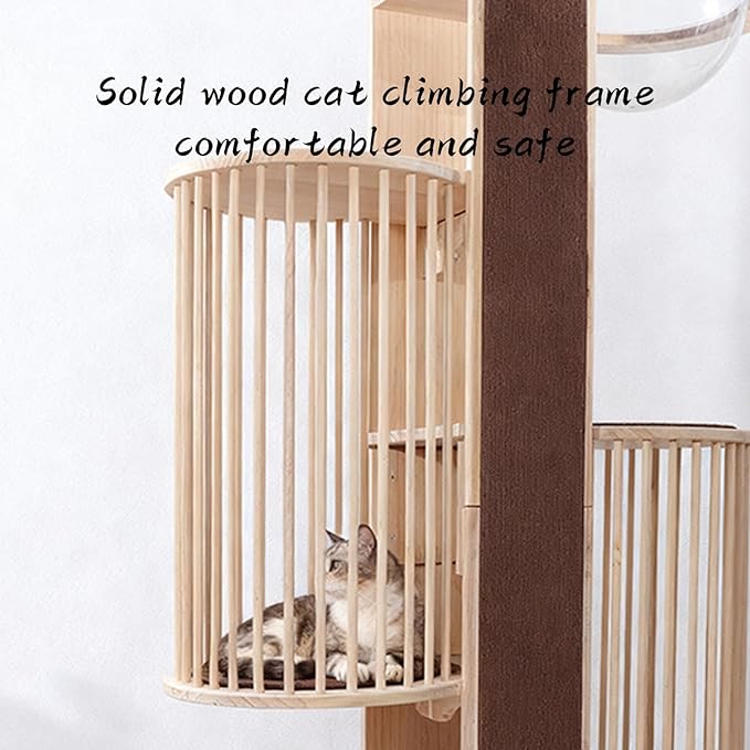 Natural Solid Wooden Cat Tower, 67''Modern Multi-Level Cat Tree Tower, Cat Tower for Indoor with Sisal Scratching Post Luxury Large Cat Furniture，Brown