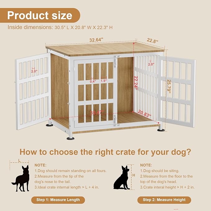 33" Dog Crate Furniture for Medium & Small Dogs with Wheels, Heavy Duty Dog Cage, Indoor Puppy Crate, Wooden Dog Kennel Table, 32.6"L x 22.8"W x 25.8"H, Decorate House as End Table — Natural and White