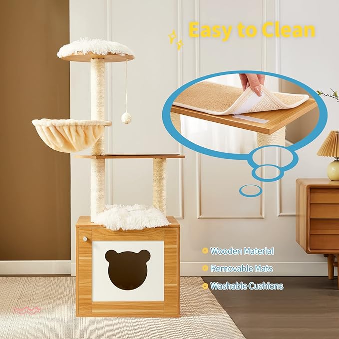 Made4Pets Cat Tree with Litter Box Enclosure, 2-in-1 Modern Cat Tower for Indoor Cats, 48.6" Wood Kitten Condo with Scratching Post and Hammock, Removable Scratch Pad for Large Cats