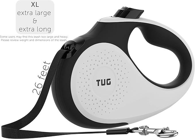 TUG XL 360° Tangle-Free Retractable Dog Leash with Anti-Slip Handle | 26 ft Strong Nylon Tape | One-Handed Brake, Pause, Lock (Extra Large, White)