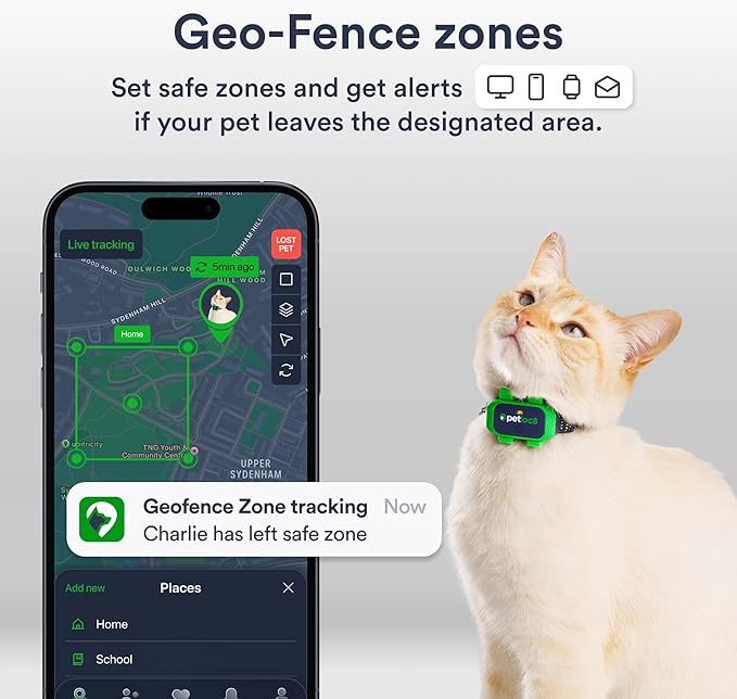 Cat GPS Tracker – Smallest Waterproof Pet Tracking Device with App, Real-Time Location, Smart Alerts & Geo-Fence, Long-Life Battery, Collar-Compatible – iOS & Android (Subscription Required)