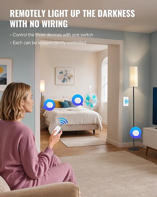Mini Remote Control Outlet, WILAWELS Wireless Light Switch with Magnetic Base, On Off Remote Outlet Switch for Lights, Lamps, 100ft RF Range, 10A/1250W, Expandable, 1 Remote for 3 Plugs W14RC1306