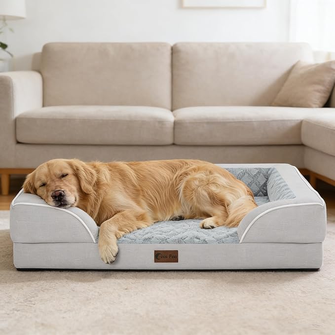 Orthopedic XXL Dog Beds, Waterproof Memory Foam Big Pet Bed for Extra Large Sized Dogs 53x42Inch, Non-Slip Bottom and Egg-Crate Foam Dog Couch Bed with Washable Removable Cover, Light Grey