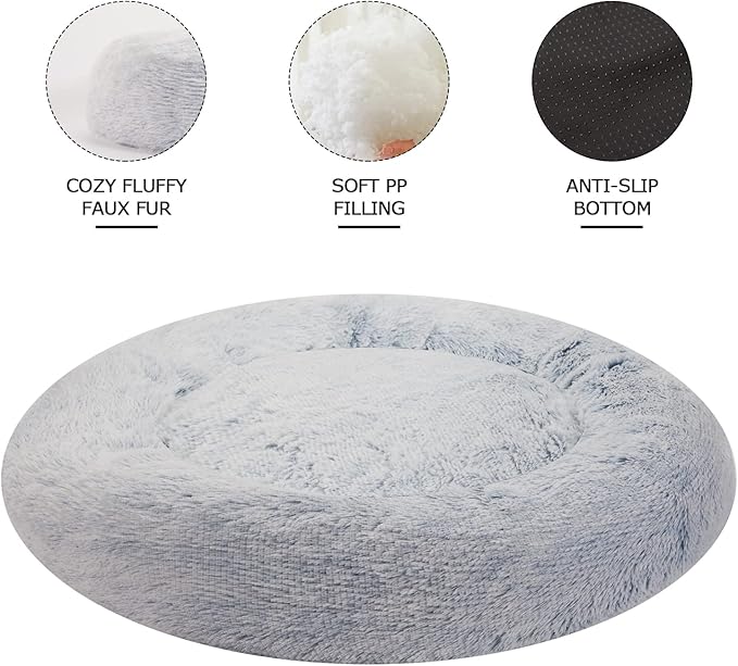 Bedfolks Calming Donut Dog Bed, 30 Inches Round Fluffy Dog Beds for Medium Dogs, Anti-Anxiety Plush Dog Bed, Machine Washable Pet Bed (Light Blue, Medium)