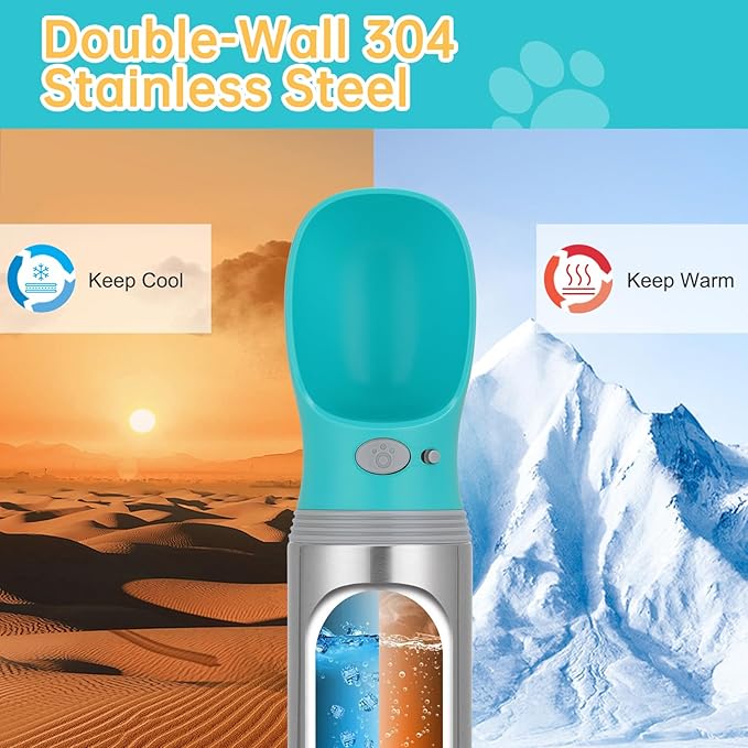 Portable Dog Water Bottle, 14 OZ, Stainless Steel Leak Proof Puppy Water Dispenser with Drinking Feeder for Pets Travel, Walking, Hiking and Outdoor Activities