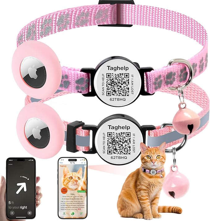 2 Pack Airtag Cat Collar Breakaway with Bell,Reflective Kitten Collar with Apple Airtag Cat Collar Holder with QR Code,Safety Buckle for Girl Boy Cats,Pet Supplies,Accessories,Gifts (Pink)