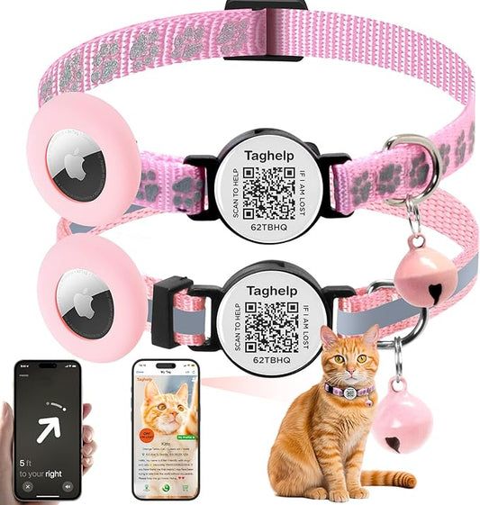 2 Pack Airtag Cat Collar Breakaway with Bell,Reflective Kitten Collar with Apple Airtag Cat Collar Holder with QR Code,Safety Buckle for Girl Boy Cats,Pet Supplies,Accessories,Gifts (Pink)