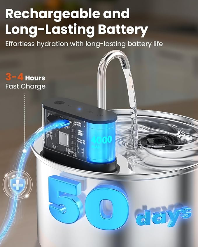 Cat Water Fountain Wireless Stainless Steel with Sensor 3.5L/118oz Battery Operated Rechargeable Automatic Water Dispenser Quiet Pump for Drinking Indoor, Easy Clean for Cats Dogs Pets