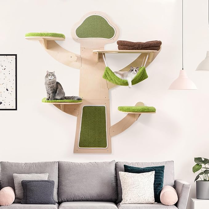 Tangkula Cat Wall Shelves, Wooden Wall Mounted Cat Tree with Hammock, Bed, Hole, Scratching Mats and Post, Green Removable & Washable Cushions, 5-Level Cat Climbing Steps